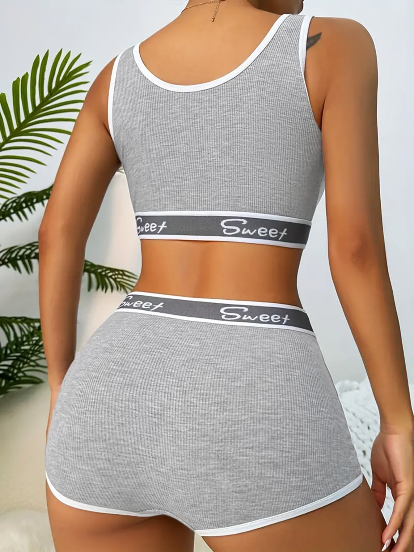 "Letter Print Bra Panties Ribbed Wireless Bra Elastic Panties "